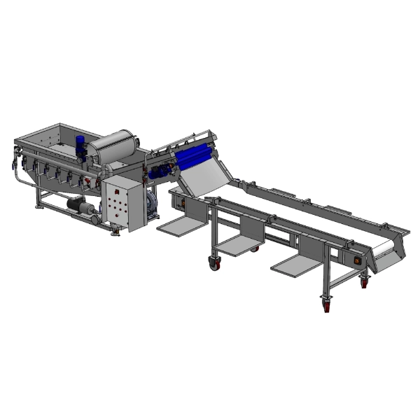 Bubble washing tank, tunnel, and manual sorting table for bulk and crated product